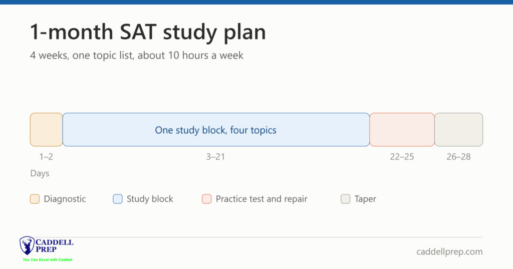 our-week SAT study schedule with lessons, practice tests and homework